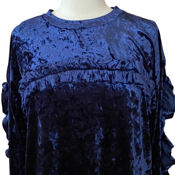 NWT Kaktus Crushed Velvet Ruffle Mini Dress Navy Blue Shift Dark Fairy Grunge-M - Picture 3 of 16